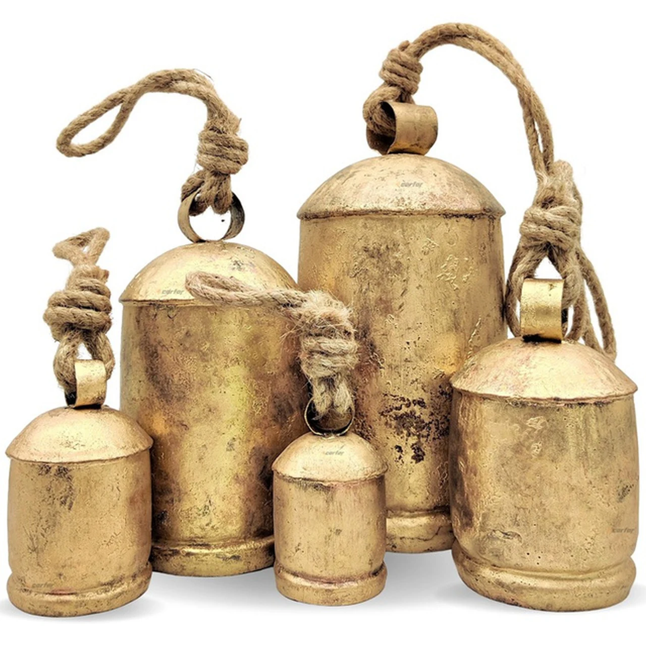 Traditional handmade metal bells for wholesale — a graduated set of rustic golden bells with jute rope hangers