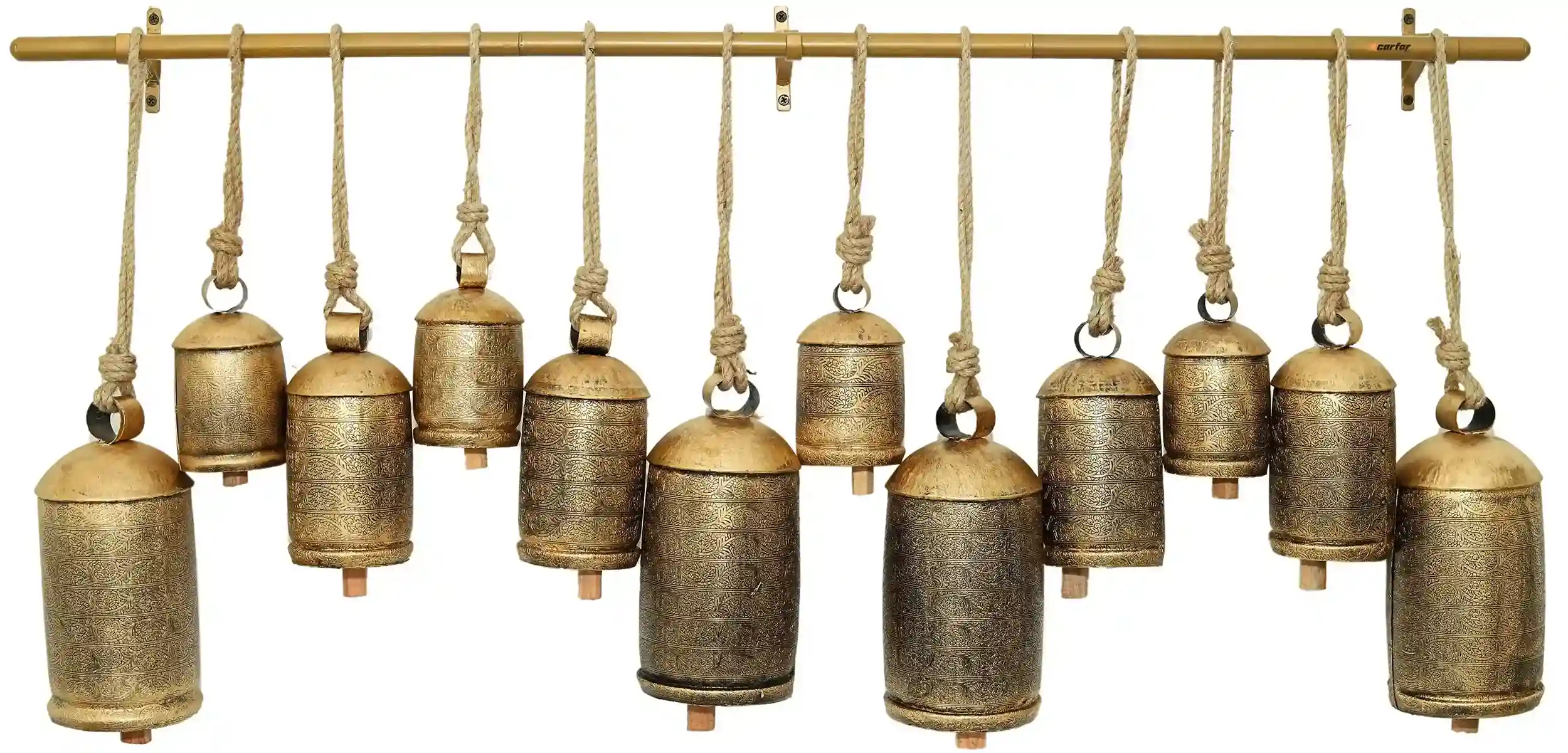 Close-up of a handmade rustic metal bell with golden Rasaai finish